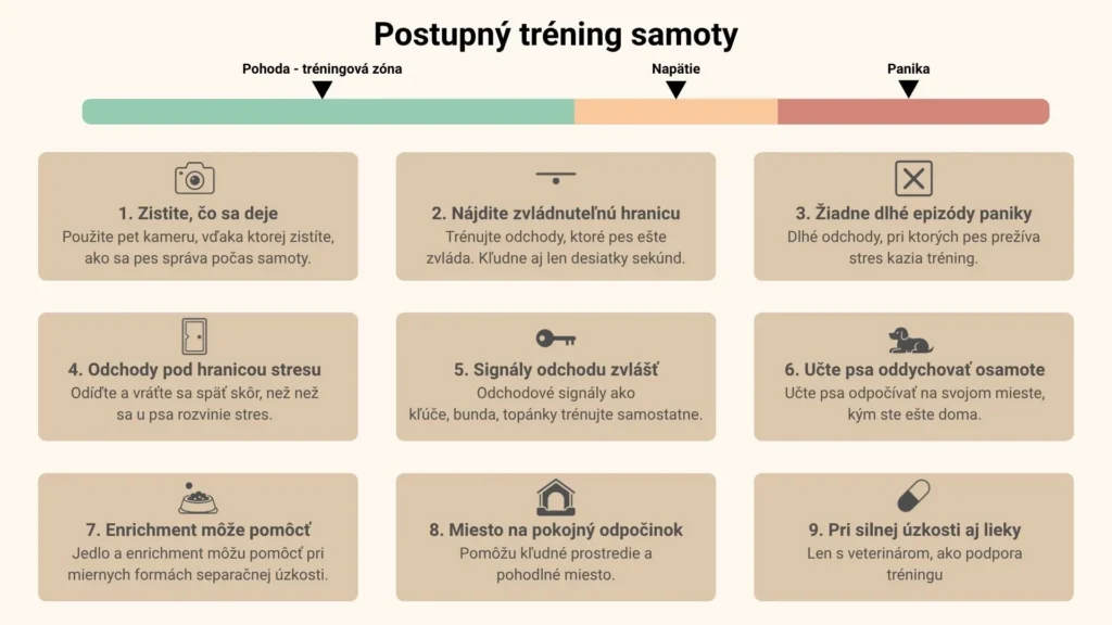 9-krokový tréning k postupnému zvládaniu samoty psa bez prekročenia prahu paniky.