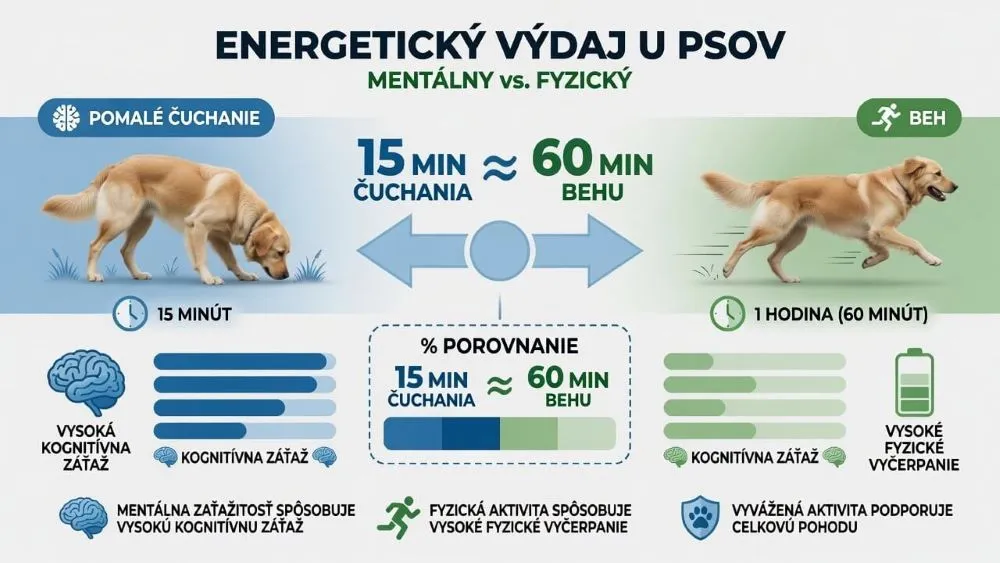 Energetický výdaj psa pri pomalom čuchaní vs behu - infografika