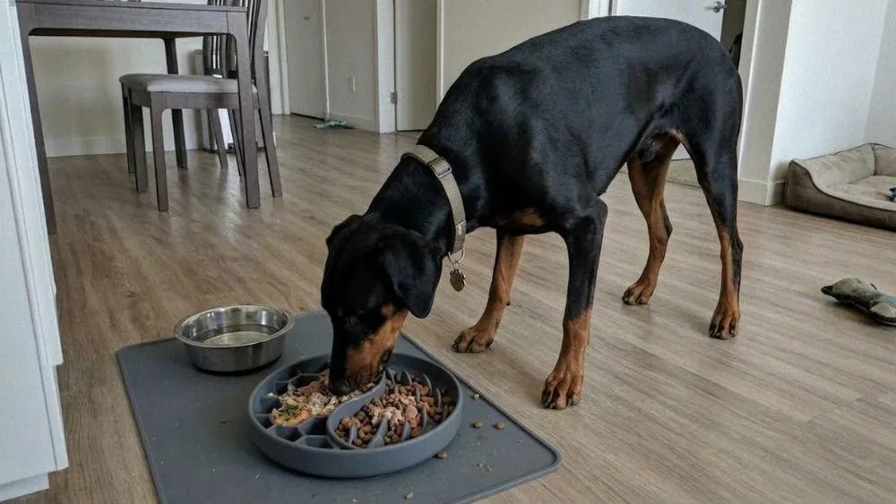 Doberman sa kŕmi zo spomaľovacej misky