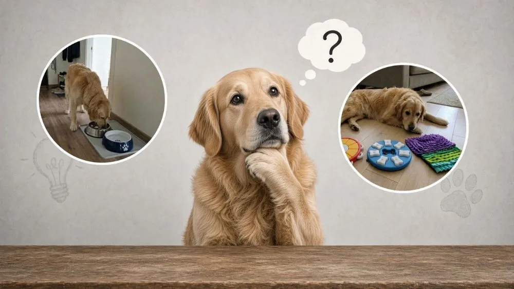 Zlatý retriever sa rozhoduje medzi kŕmením z misky a kŕmením z enrichment pomôcok