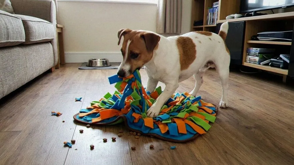Frustrovaný Jack Russell s čuchacím koberčekom