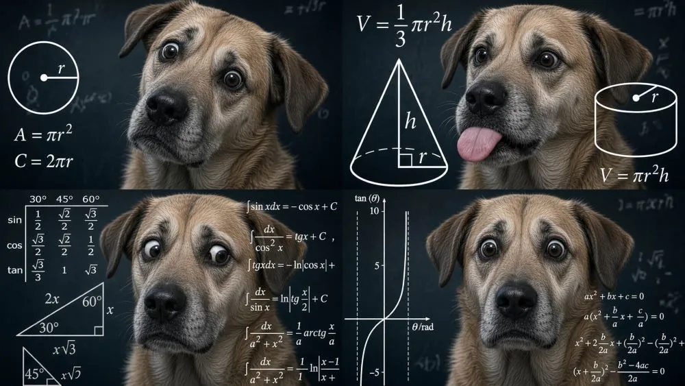 Zmätený pes pred matematickými vzorcami - meme